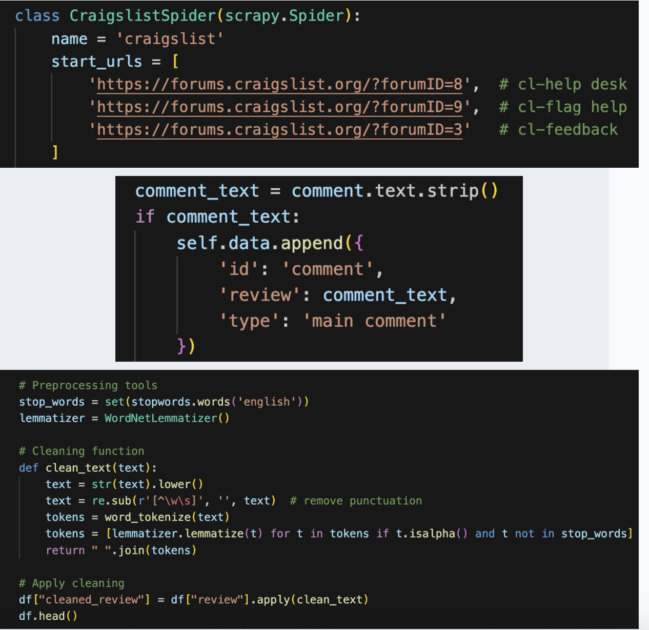 Web scraping and cleaning pipeline for Craigslist forum posts