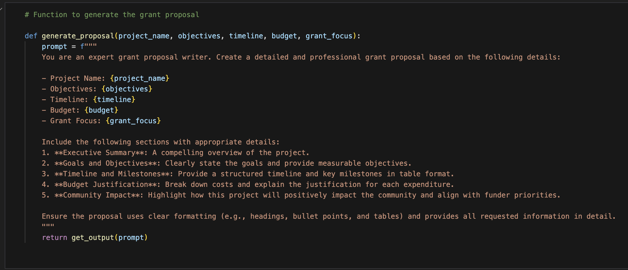 Python function that generates a grant proposal via GPT-4